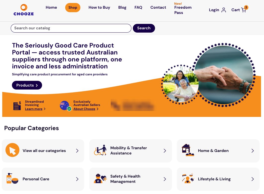 The Chooze portal home page, with catalogue search and popular product categories